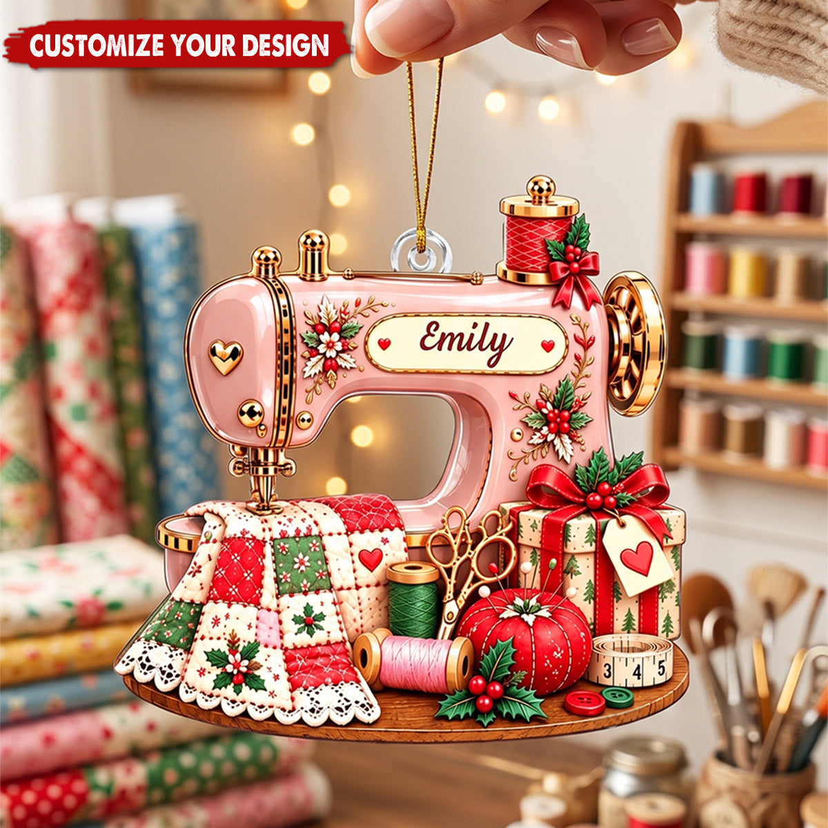 Personalized Sewing Machine Acrylic Christmas Ornament, Custom Name Sewing Lover Decor