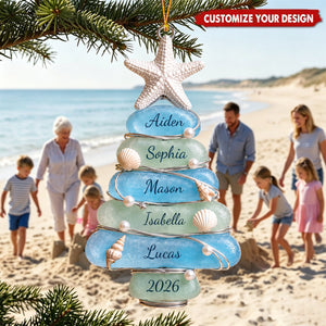 Personalized 2026 Sea Glass Tree Acrylic Ornament, Coastal Family Christmas Keepsake