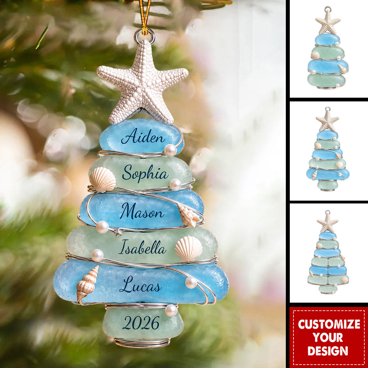 Personalized 2026 Sea Glass Tree Acrylic Ornament, Coastal Family Christmas Keepsake