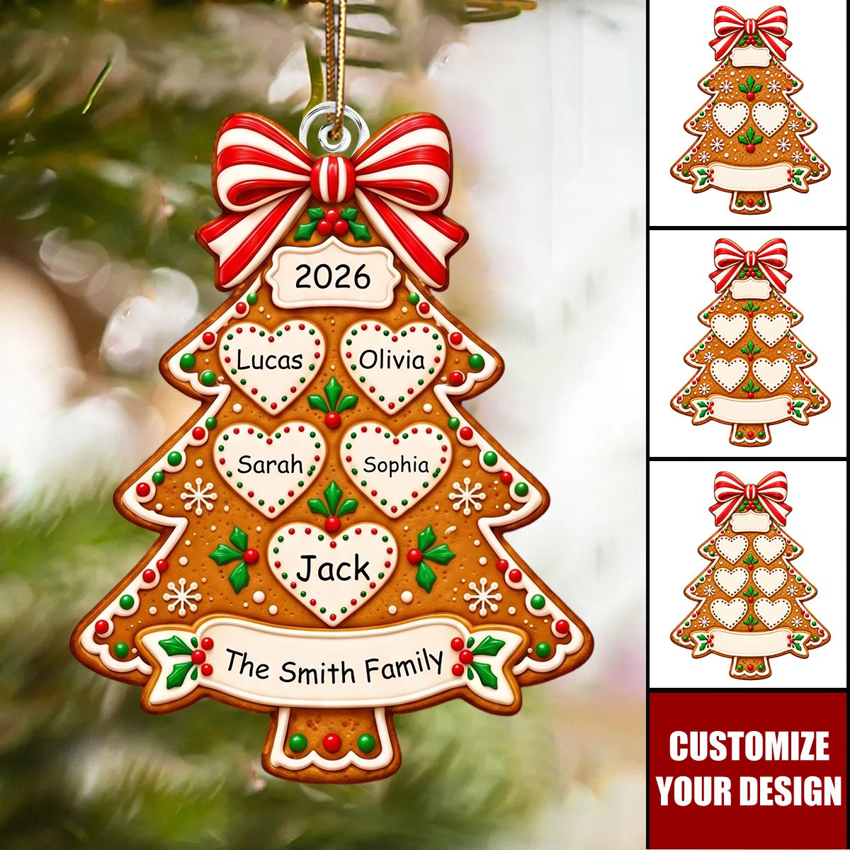 Personalized Gingerbread Tree Acrylic Ornament, Custom Family Name Christmas Keepsake