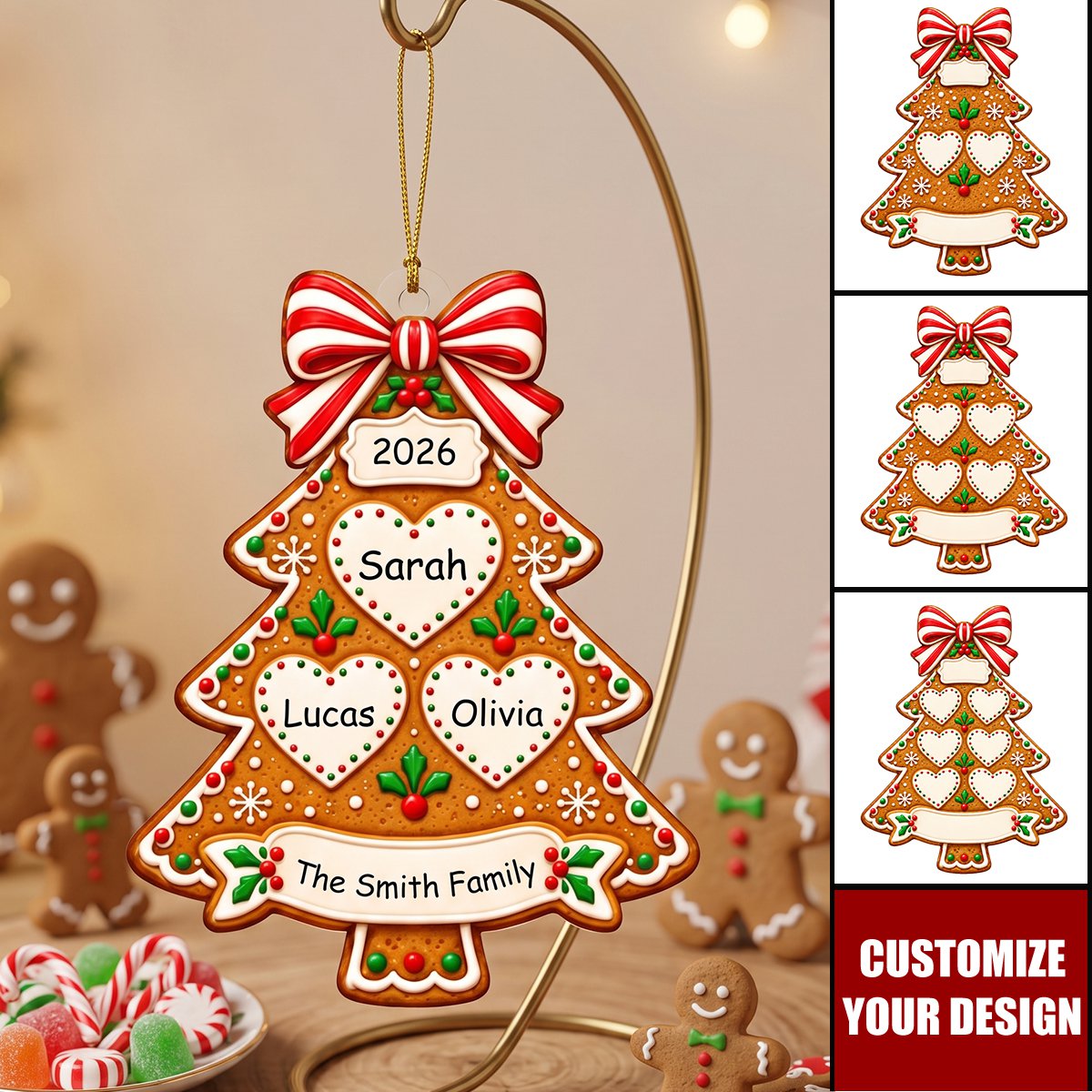 Personalized Gingerbread Tree Acrylic Ornament, Custom Family Name Christmas Keepsake