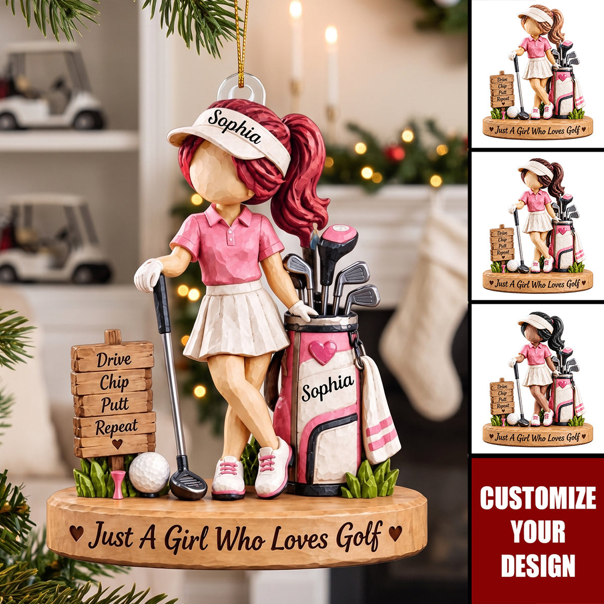Personalized Golfer Girl Acrylic Ornament, Female Golfer Christmas Tree Decor