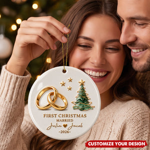 Personalized First Christmas Married Ceramic Ornament, Custom Couple Names & Year Keepsake Gift For Newlyweds
