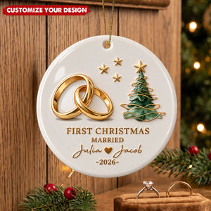 Personalized First Christmas Married Ceramic Ornament, Custom Couple Names & Year Keepsake Gift For Newlyweds