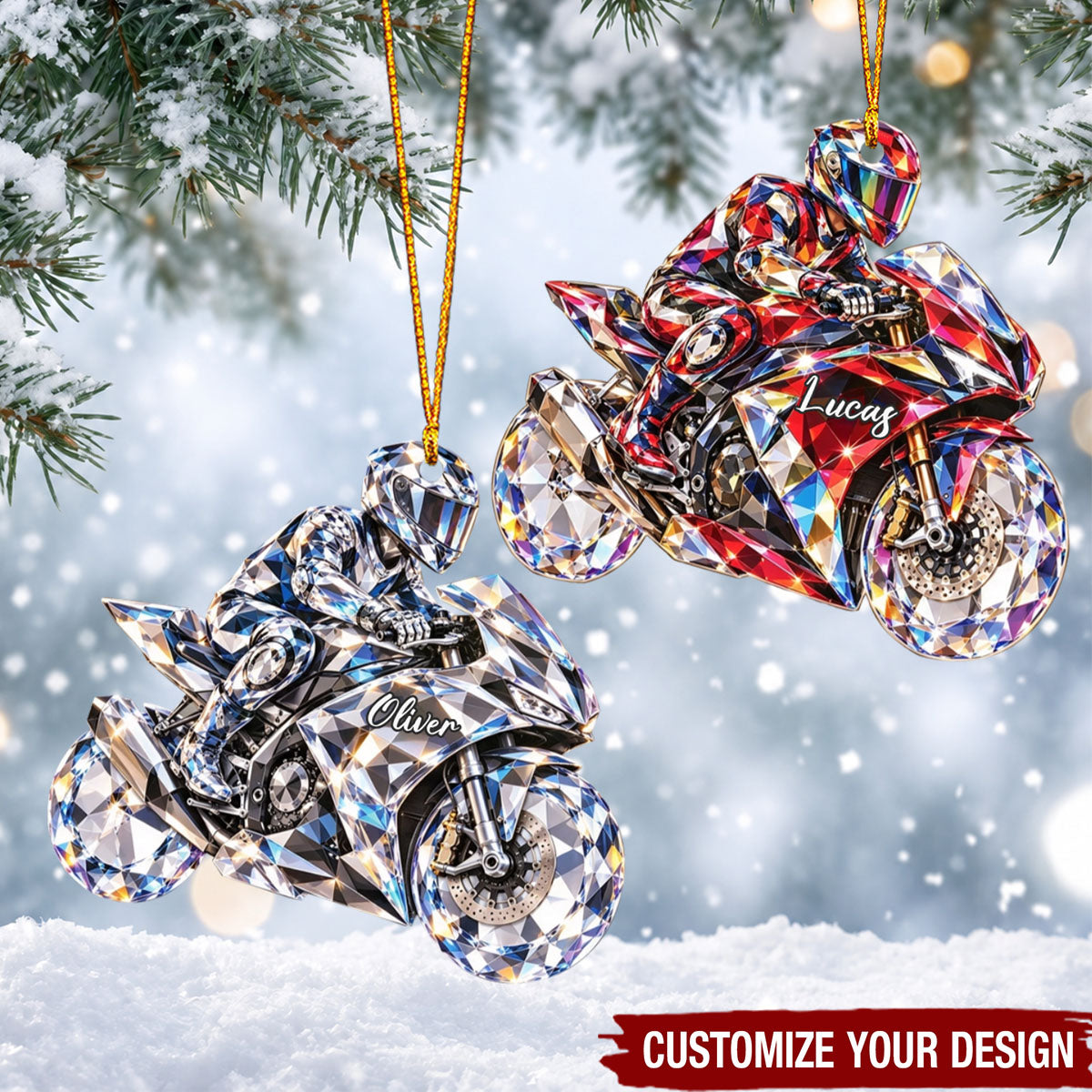 Personalized Motorcycle Acrylic Ornament, Custom Name Diamond Biker Christmas Decor