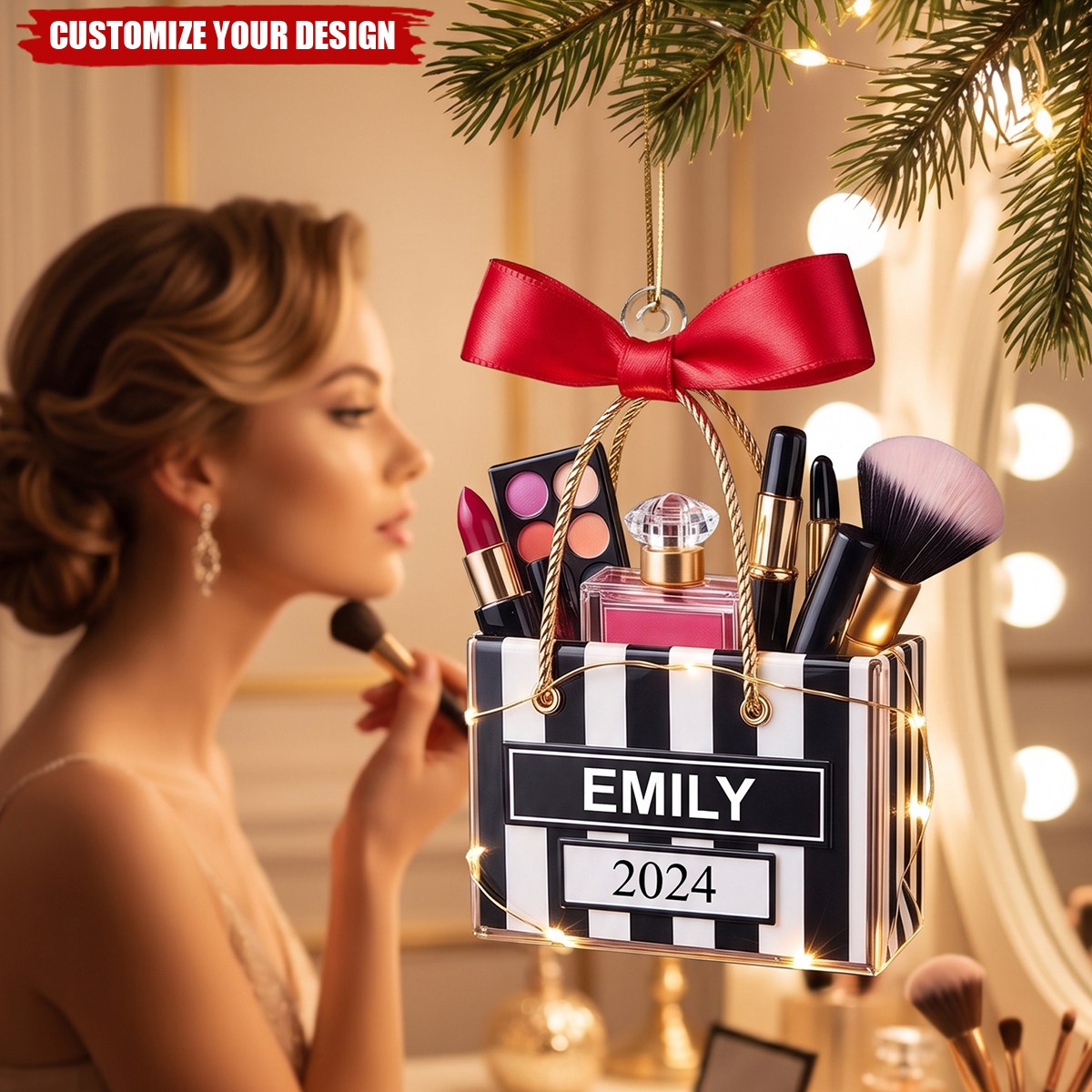 Personalized Makeup Brush Christmas Ornament, Custom Name Gift for Makeup Lovers