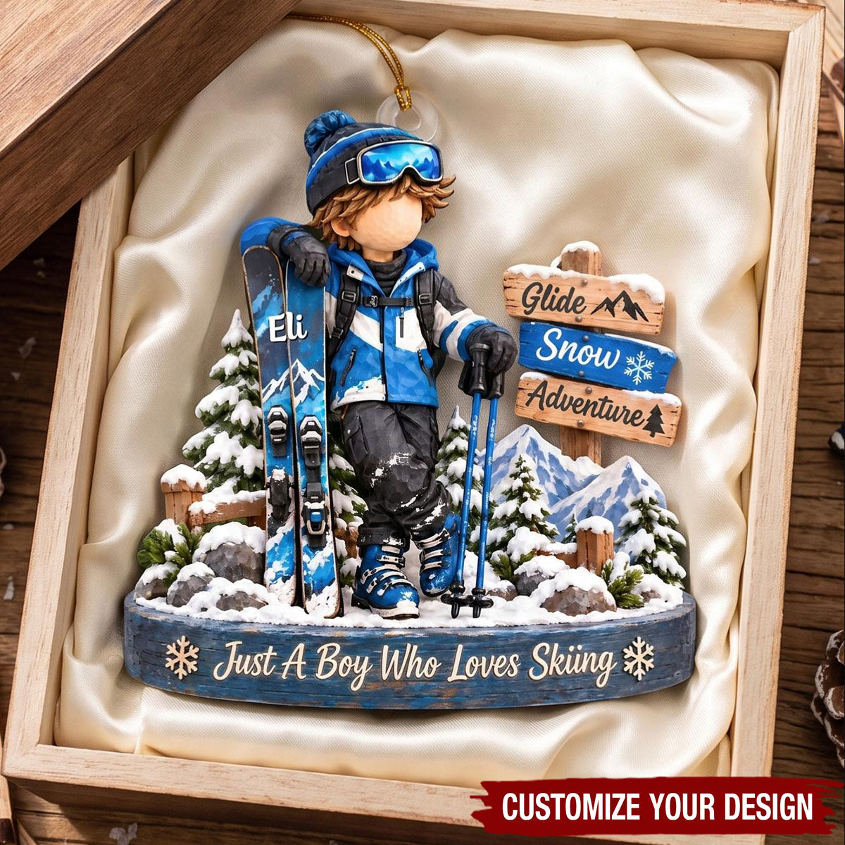 Personalized Ski Boy Christmas Ornament, Winter Sports Keepsake For Him