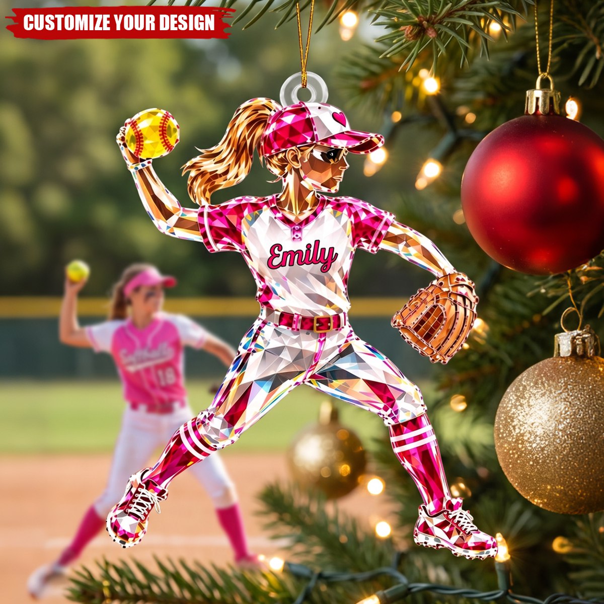 Personalized Softball Name Acrylic Christmas Ornaments, Team Souvenir Gifts