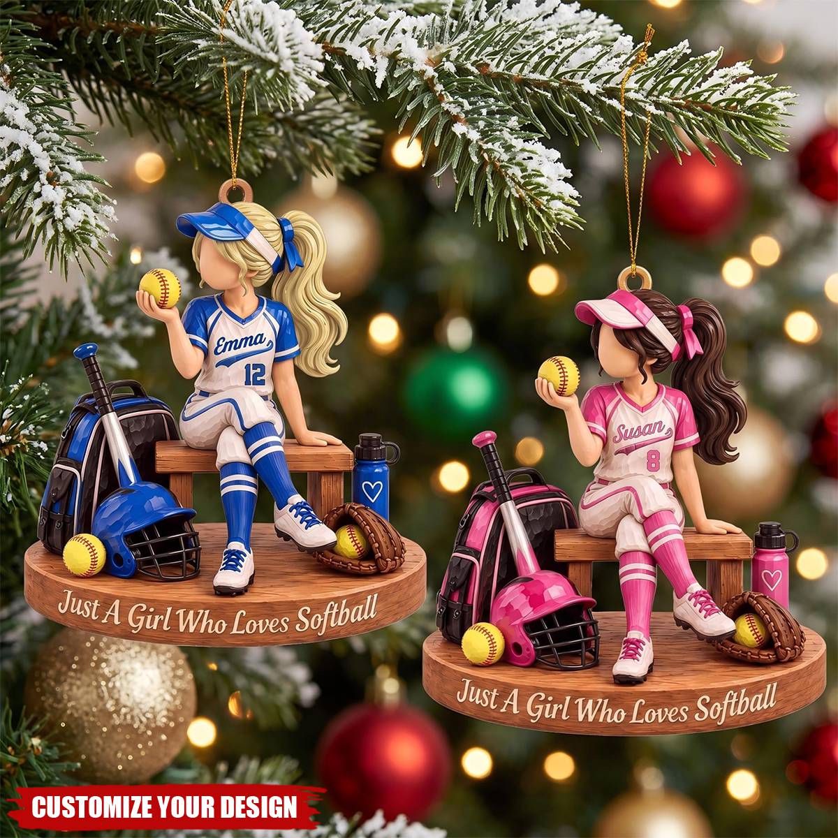Personalized Softball Girl Ornament, Custom Name & Number Christmas Tree Decor