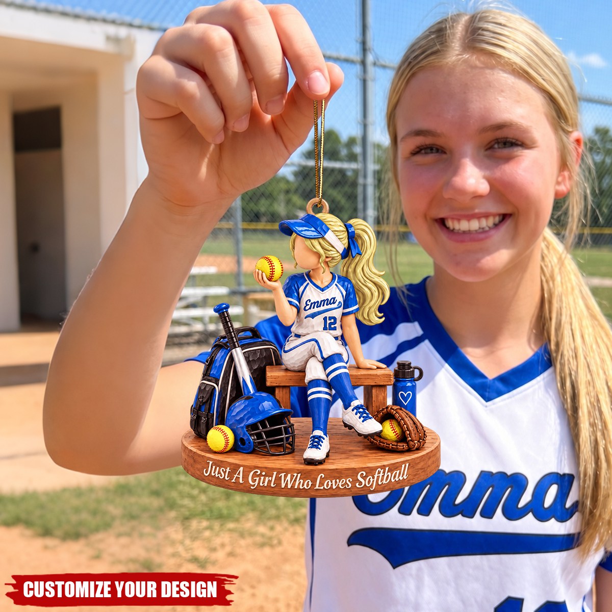 Personalized Softball Girl Ornament, Custom Name & Number Christmas Tree Decor