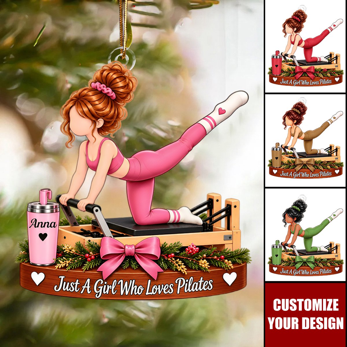 Personalized Pilates Girl Christmas Ornament, Custom Name Pilates Lover Gift