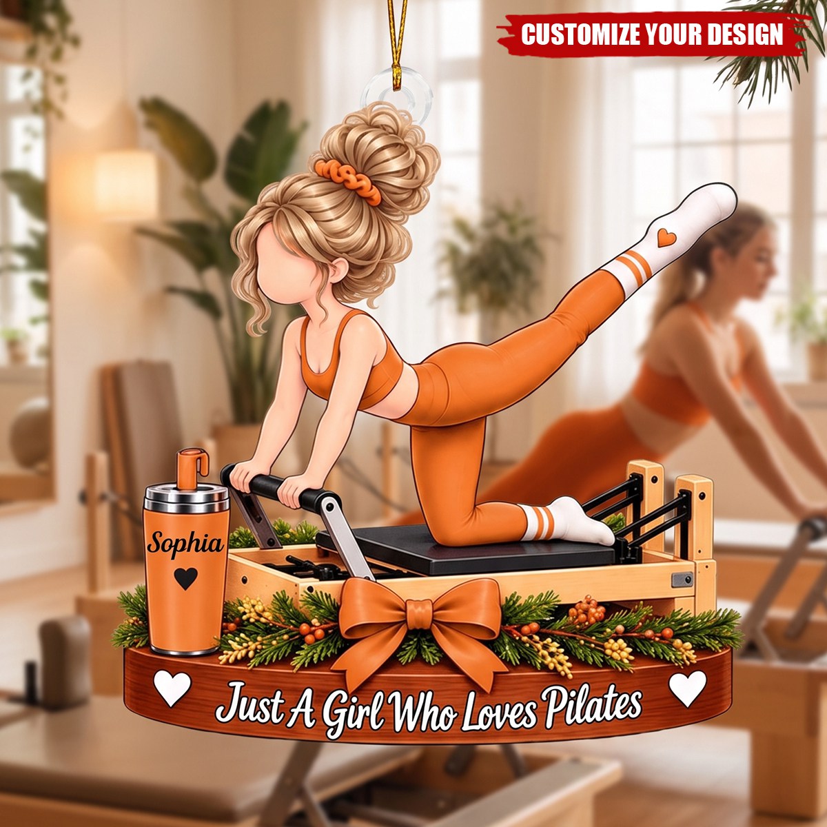 Personalized Pilates Girl Christmas Ornament, Custom Name Pilates Lover Gift