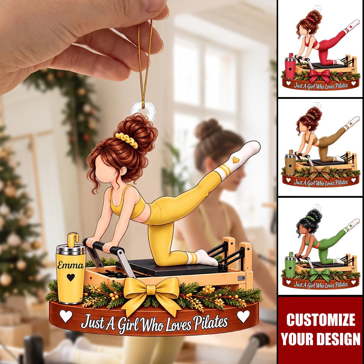 Personalized Pilates Girl Christmas Ornament, Custom Name Pilates Lover Gift