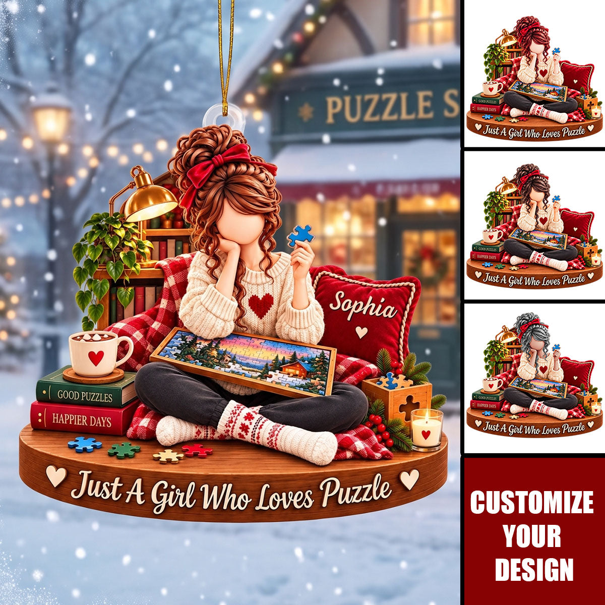 Personalized Puzzle Girl Ornament, Custom Name Puzzle Lover