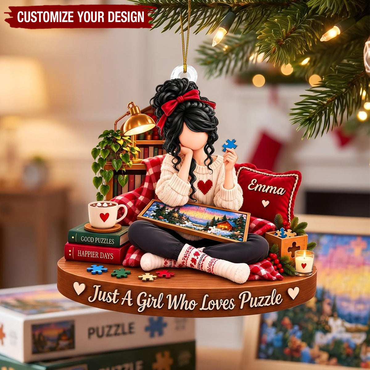 Personalized Puzzle Girl Ornament, Custom Name Puzzle Lover