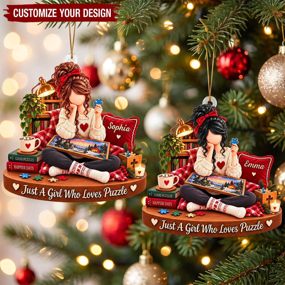 Personalized Puzzle Girl Ornament, Custom Name Puzzle Lover