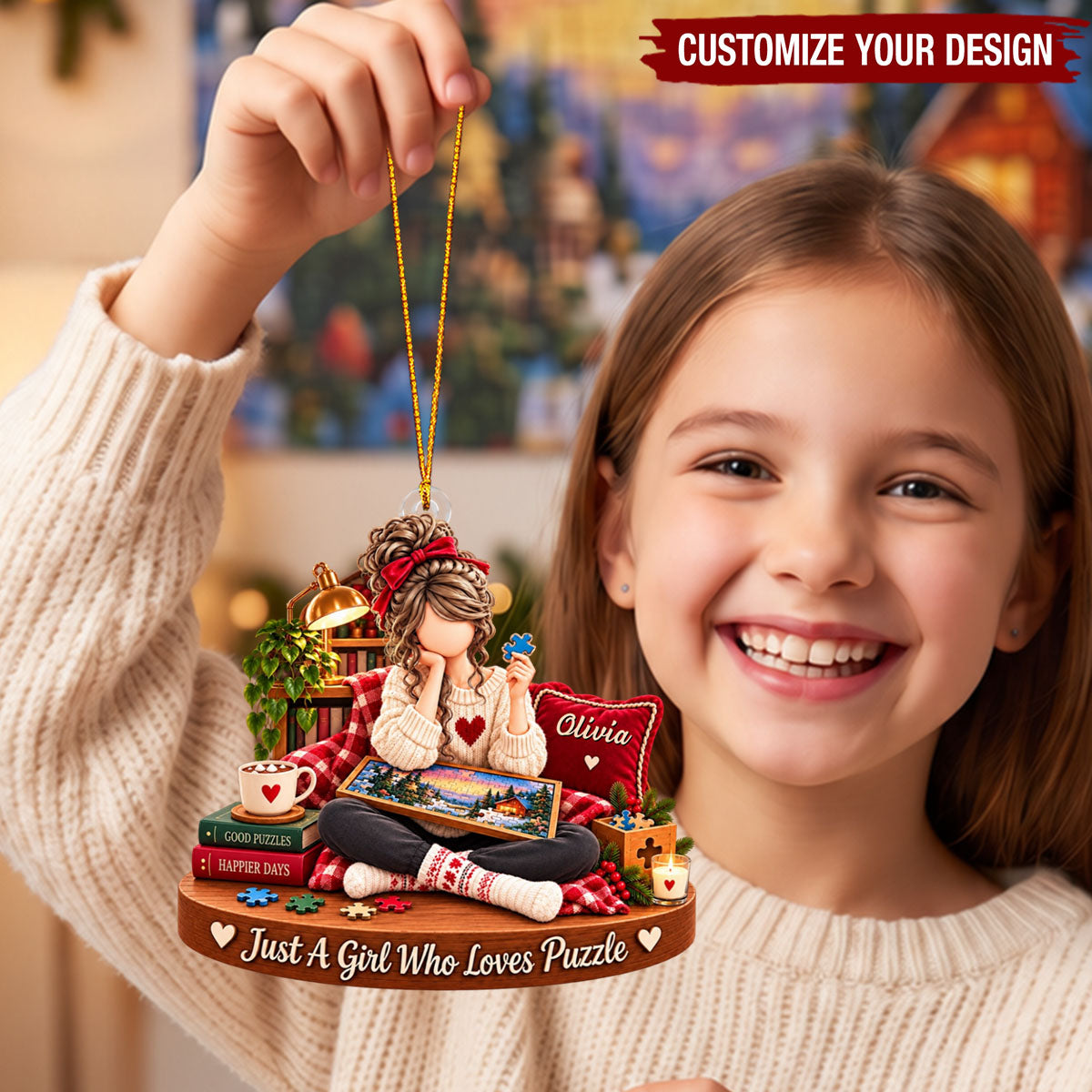 Personalized Puzzle Girl Ornament, Custom Name Puzzle Lover