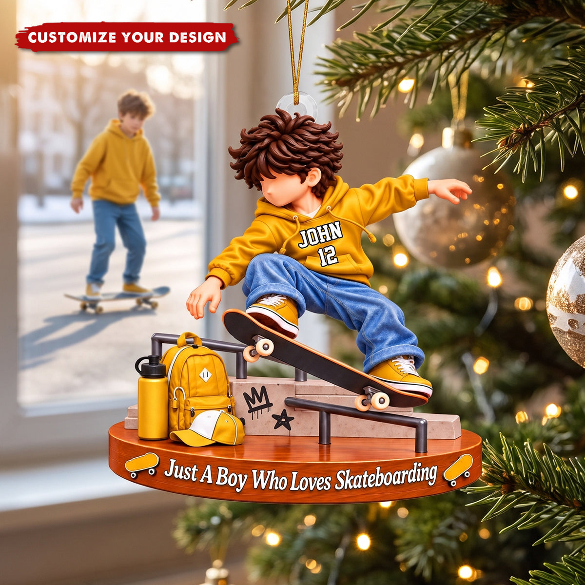 Personalized Skateboard Boy Christmas Ornament, Santa Hat Skater Tree Decor