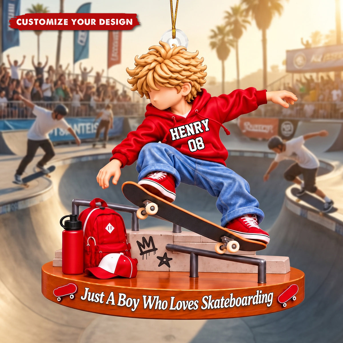 Personalized Skateboard Boy Christmas Ornament, Santa Hat Skater Tree Decor