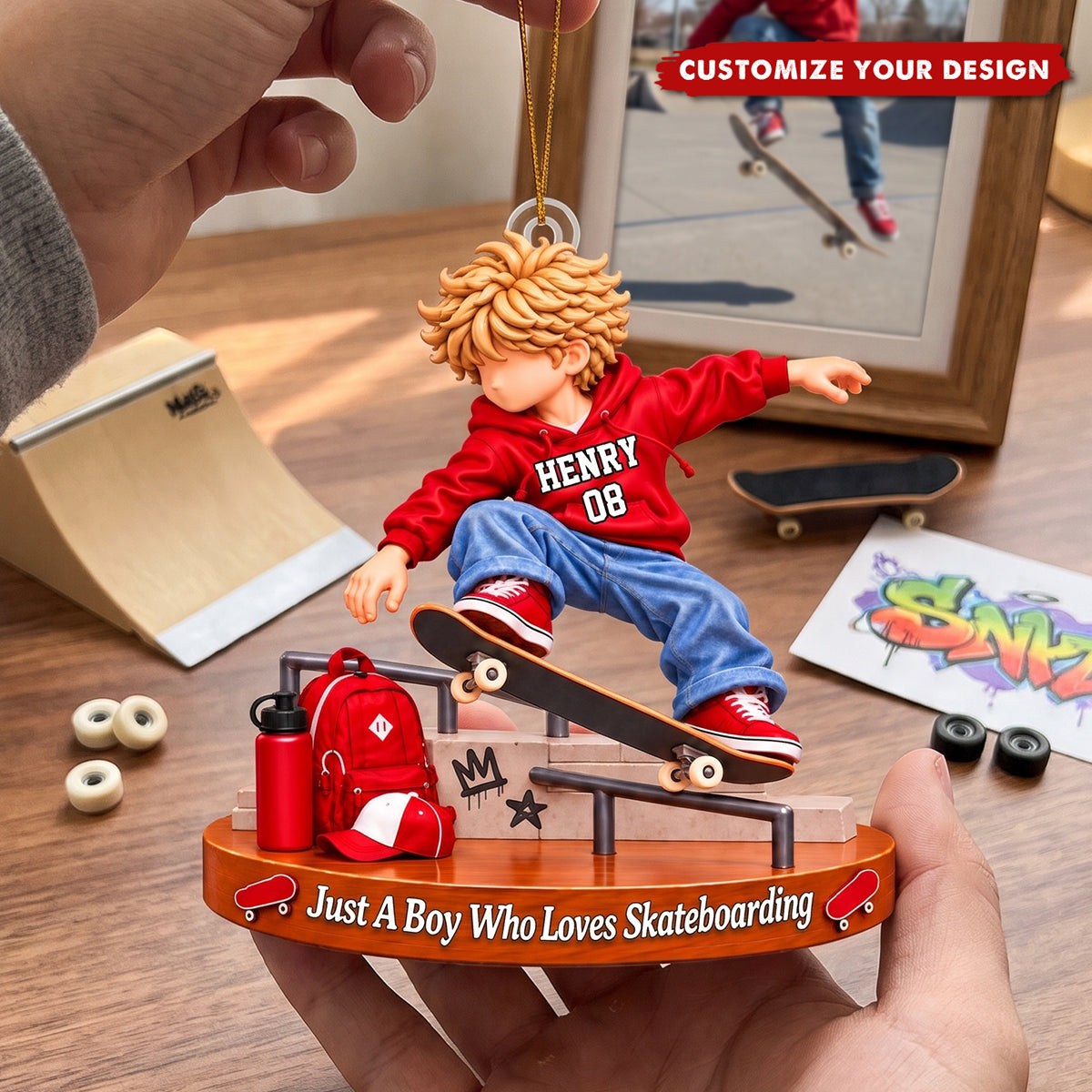 Personalized Skateboard Boy Christmas Ornament, Santa Hat Skater Tree Decor