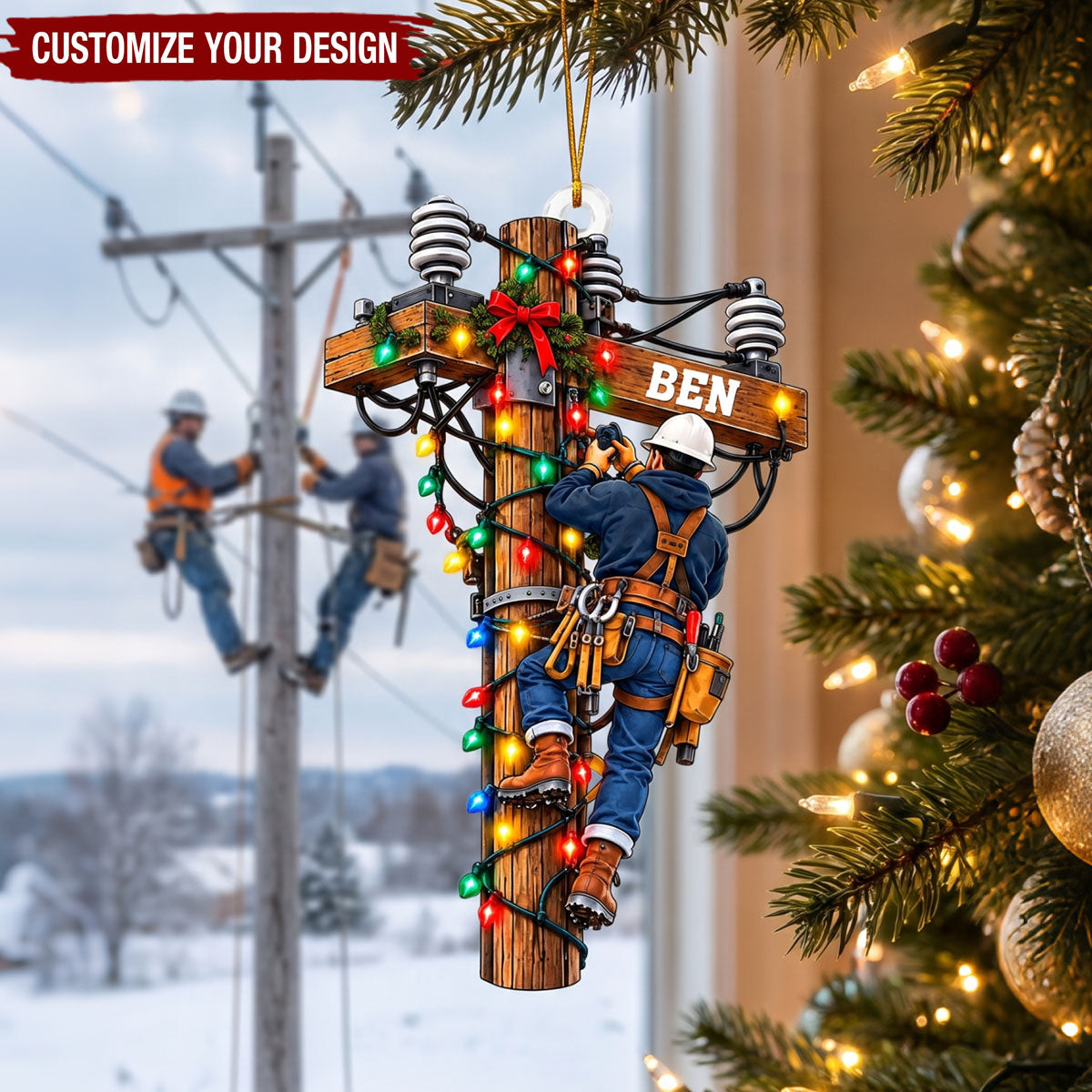 Custom Lineman Christmas Ornament, Power Pole Climber Utility Worker Gift