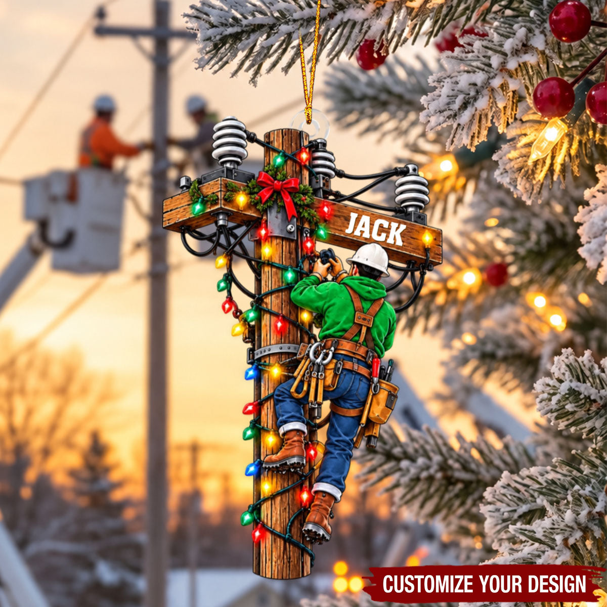 Custom Lineman Christmas Ornament, Power Pole Climber Utility Worker Gift