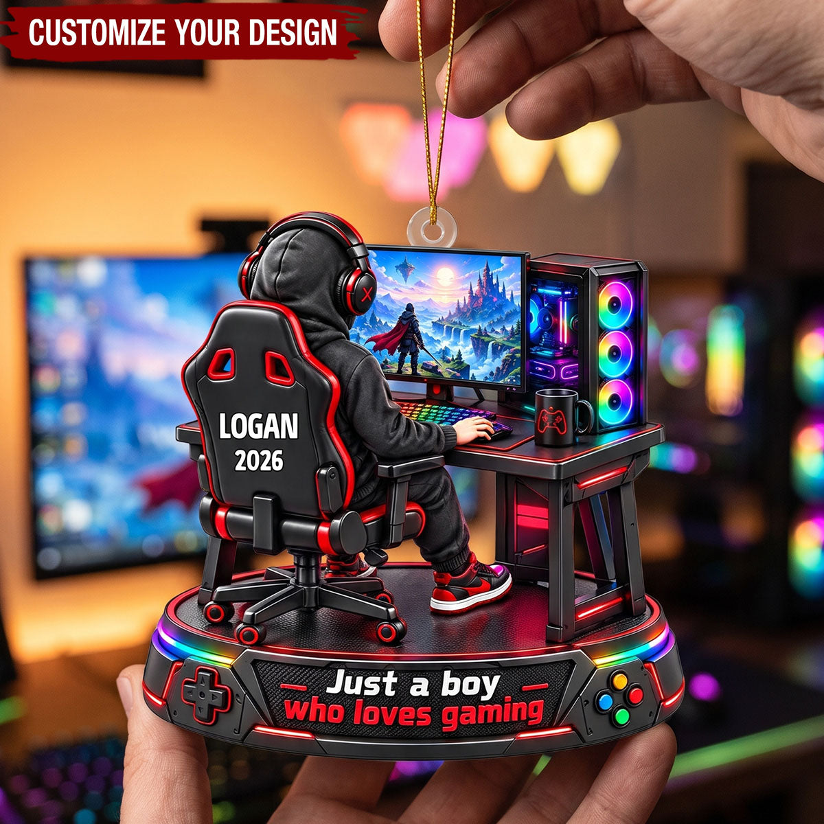 Personalized Gamer Boy Christmas Ornament, Custom Name Gaming Setup Ornament, Gift for Gamers