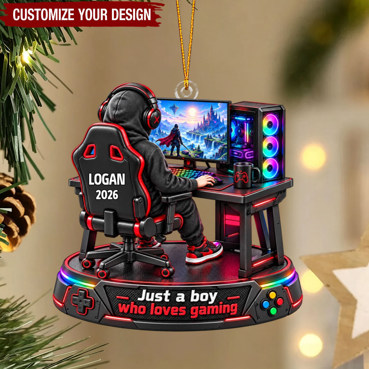 Personalized Gamer Boy Christmas Ornament, Custom Name Gaming Setup Ornament, Gift for Gamers