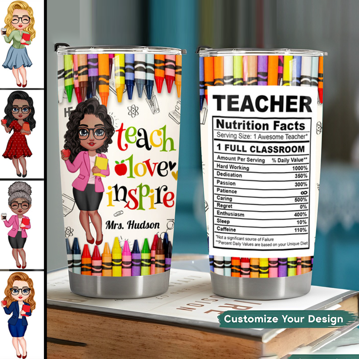 Colorful Crayon Teacher Nutrition Facts Personalized Glitter Tumbler