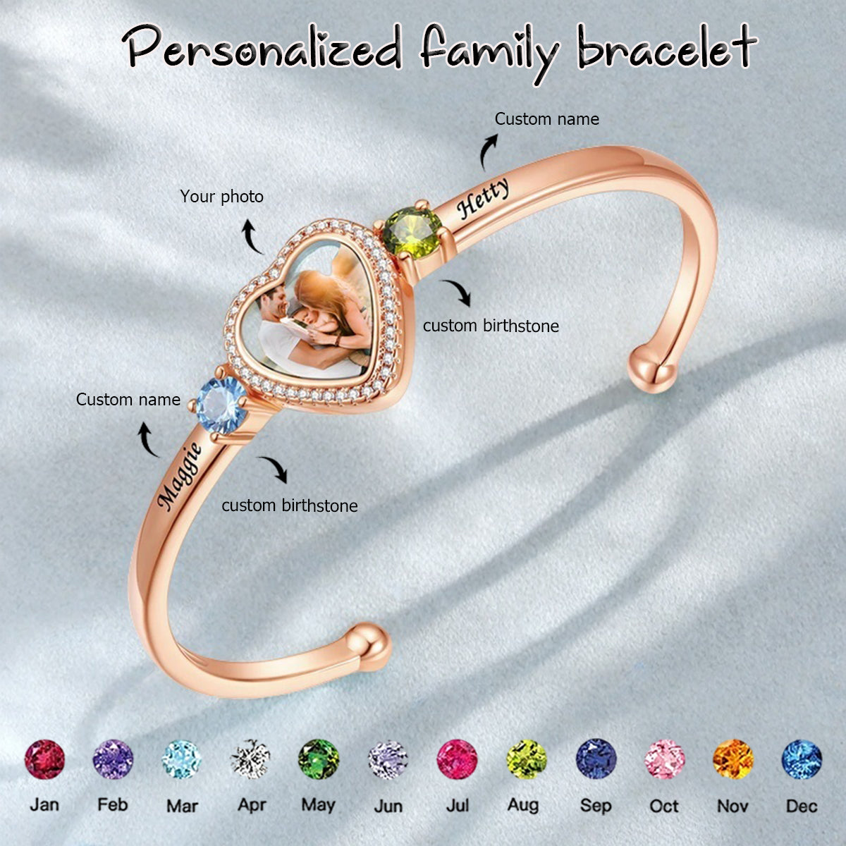 Custom Birthstone Bracelet With Name Photo Engraved Mother's Day Gift