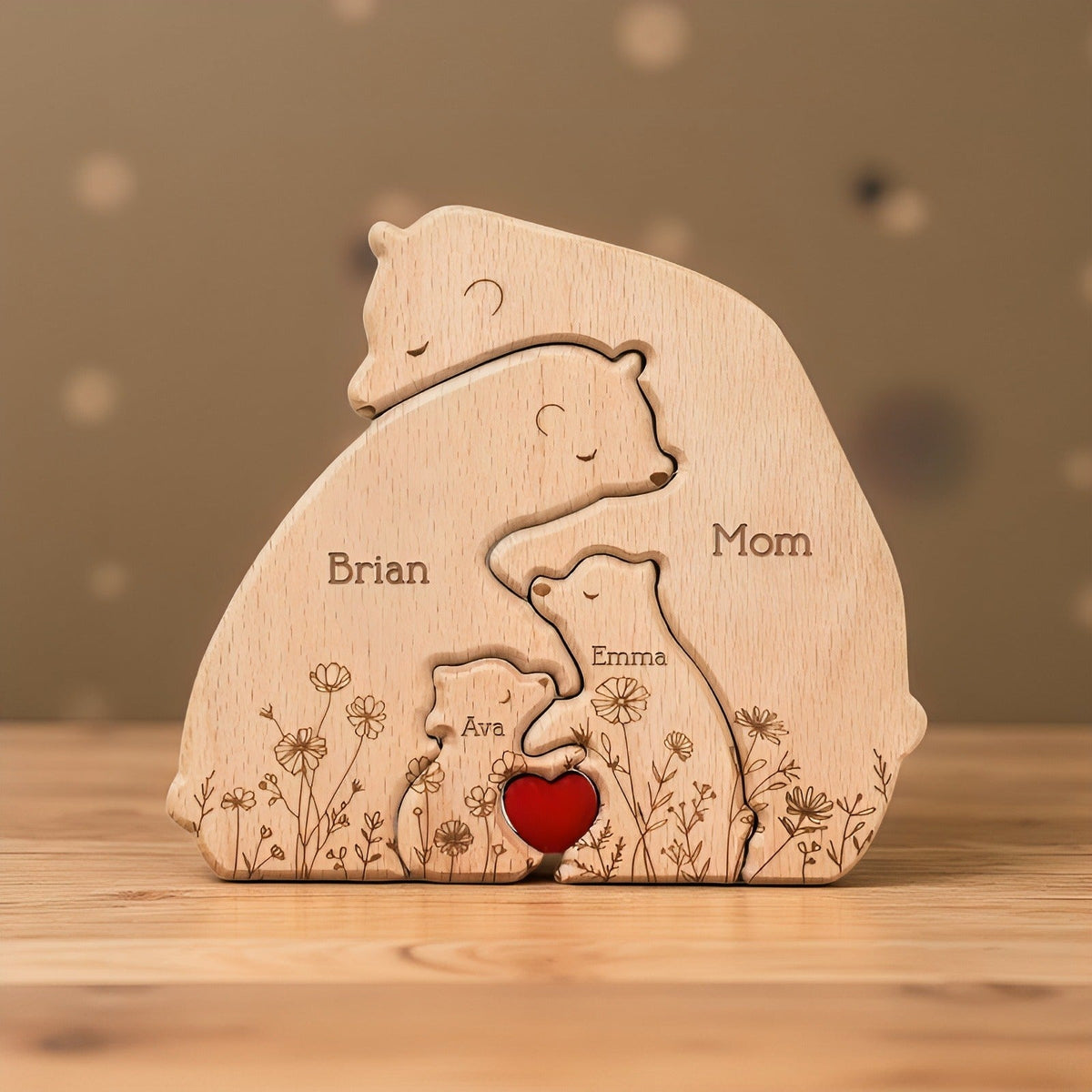 Hugging Bear Family Floral Version - Personalized Wooden Bear Family Puzzle