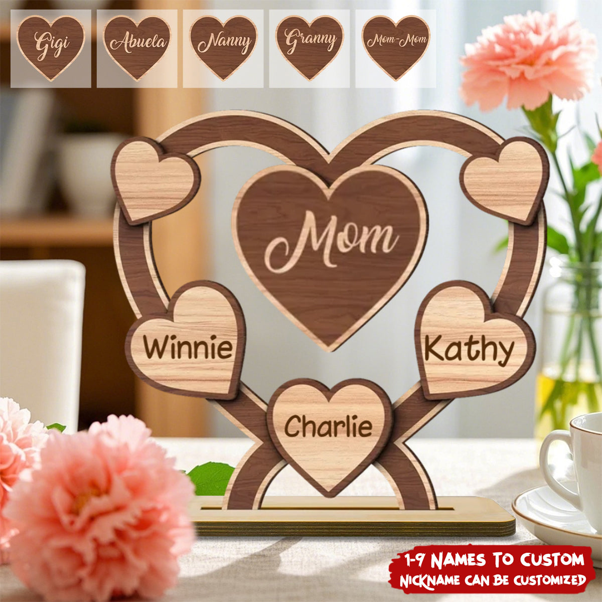 Grandma Mom Hearts Personalized 2-Layered Standing Wooden Plaque, Mother's Day Gift