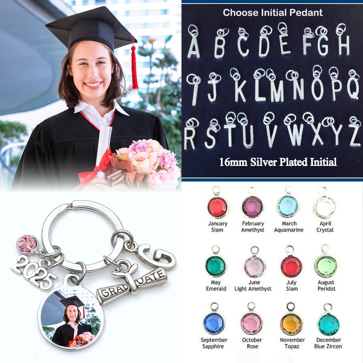 Initial Birthstone 2025 Graduation Custom Photo Keyring