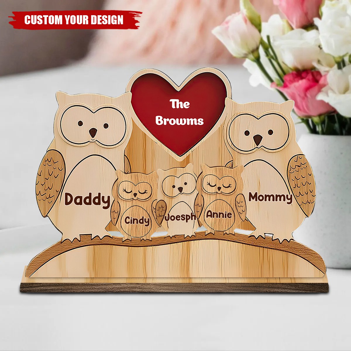 Happy Owl Family - Personalized Wooden Plaque