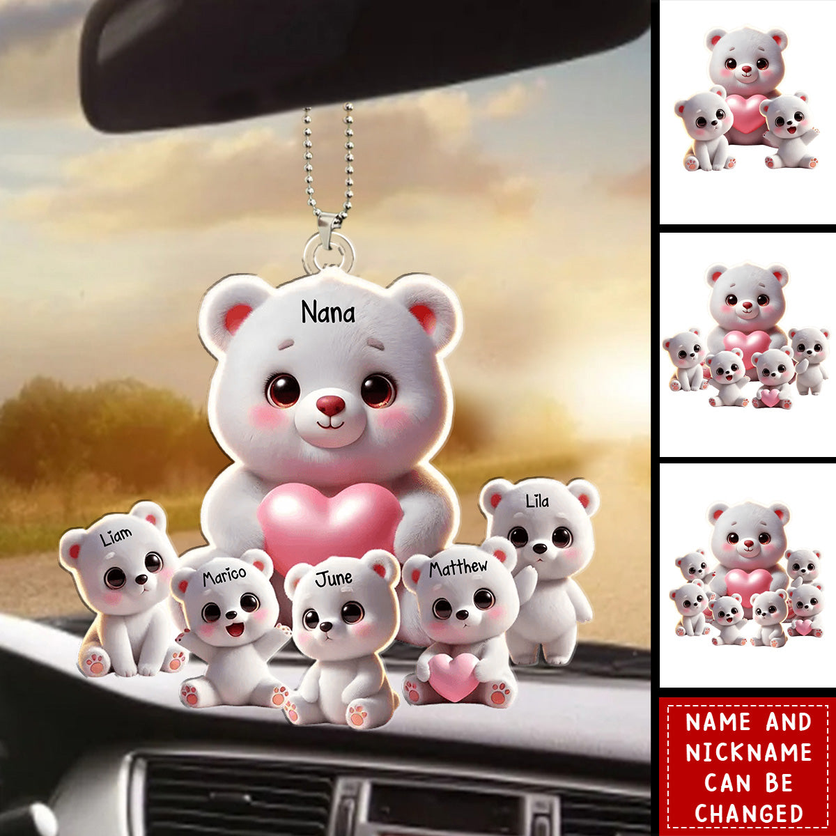 Personalized 1-10 Names White Bear Ornament – Custom Family Bear Pendant Ornament Gift