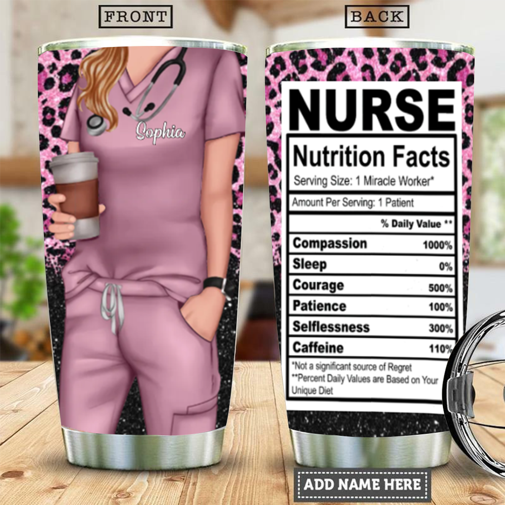 Nurse Life Nutrition Facts - Personalized Tumbler Cup - Gift For Doctor & Nurse - Glitter Leopard Design