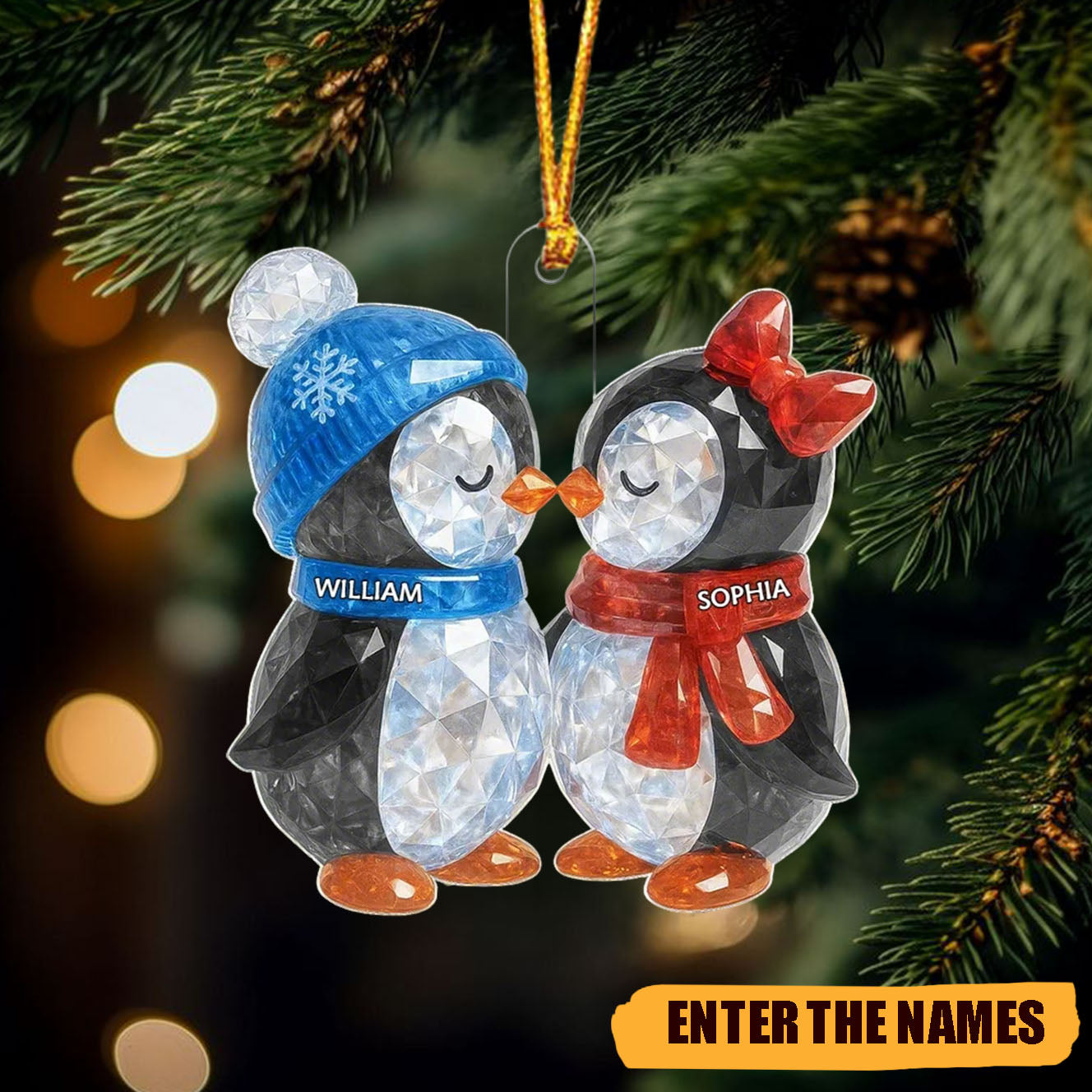 Christmas Penguins Couple Crystal Effect Personalized Acrylic Ornament - Heartwarming Christmas Gift for Couple