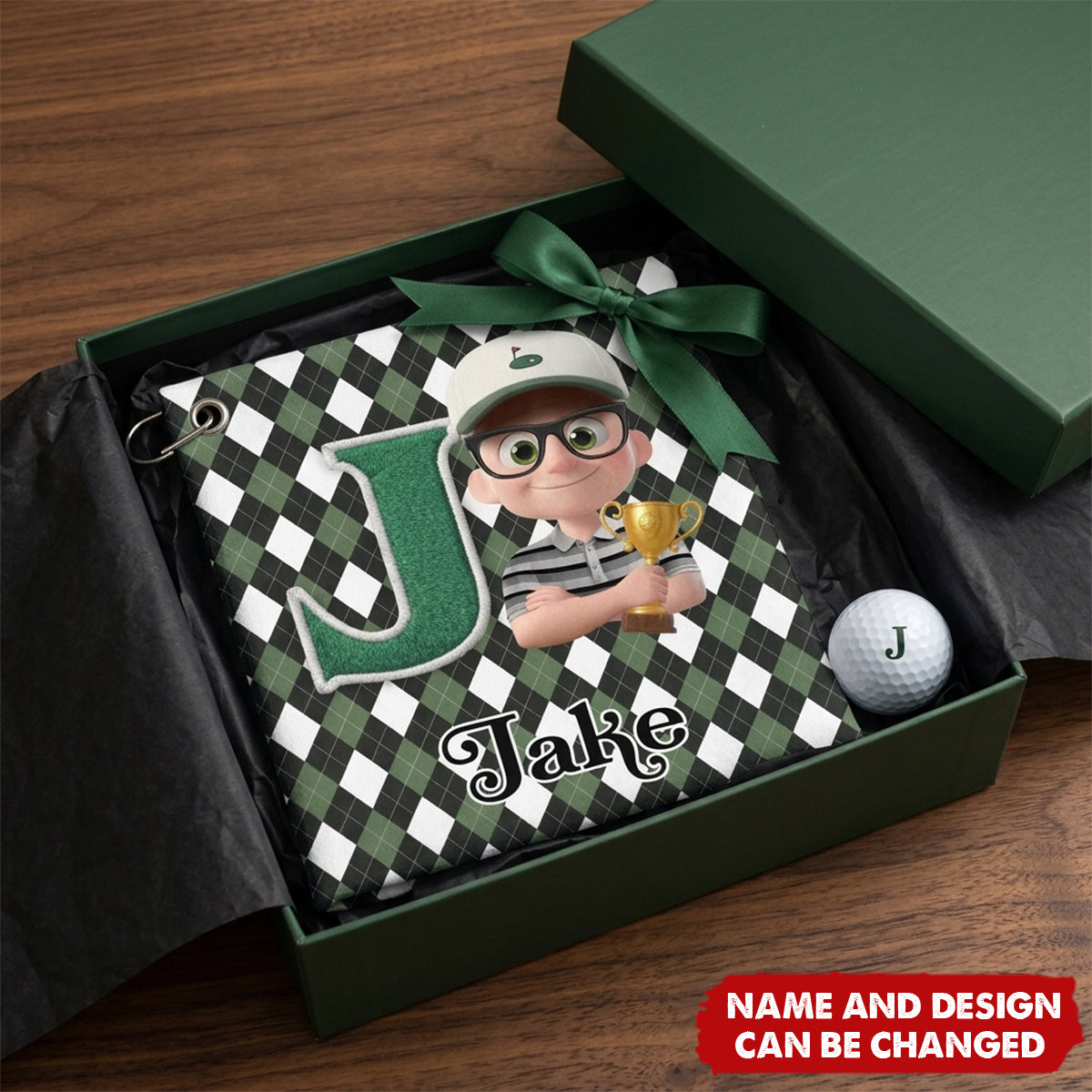 Personalized Cartoon Character Soft Golf Towel with Name Initial and Carabiner Daily Use Birthday Father's Day for Golfer