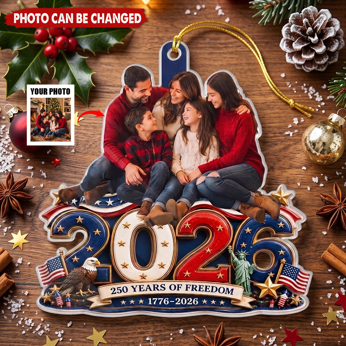Custom Photo Acrylic Ornament - Personalized America 250th Anniversary Christmas Gifts For Mom, Dad, Brother, Sister