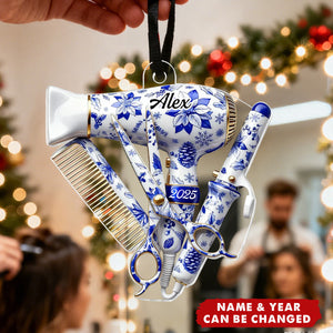 Christmas Toile De Jouy Pattern Hairdresser Things - Personalized Acrylic Ornament - Gift For Hairdressers