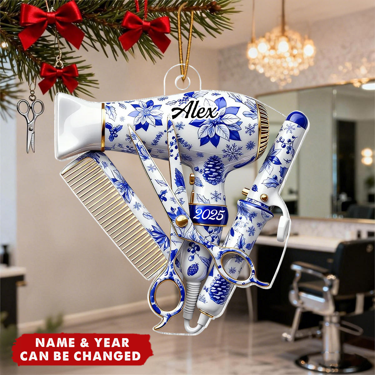 Christmas Toile De Jouy Pattern Hairdresser Things - Personalized Acrylic Ornament - Gift For Hairdressers