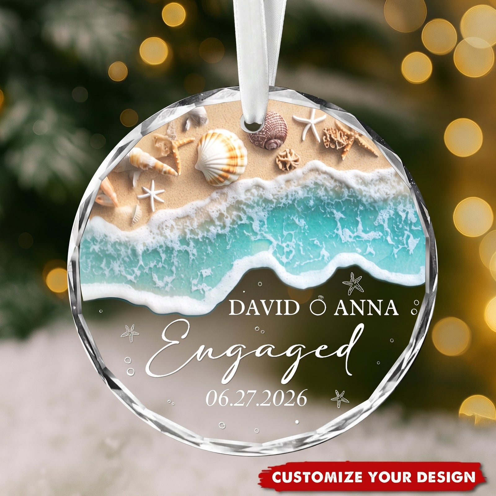 Personalized Beach Engaged Glass Ornament, Gift for Couple