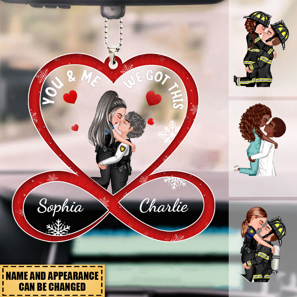 Personalized Heart Infinity Doll Couple Portrait, Firefighter, Nurse, Police Officer, Teacher, Gifts by Occupation Car Ornament