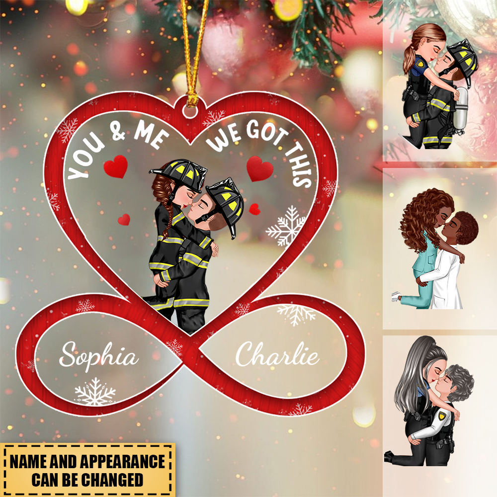 Personalized Heart Infinity Doll Couple Portrait, Firefighter, Nurse, Police Officer, Teacher, Gifts by Occupation Christmas Ornament