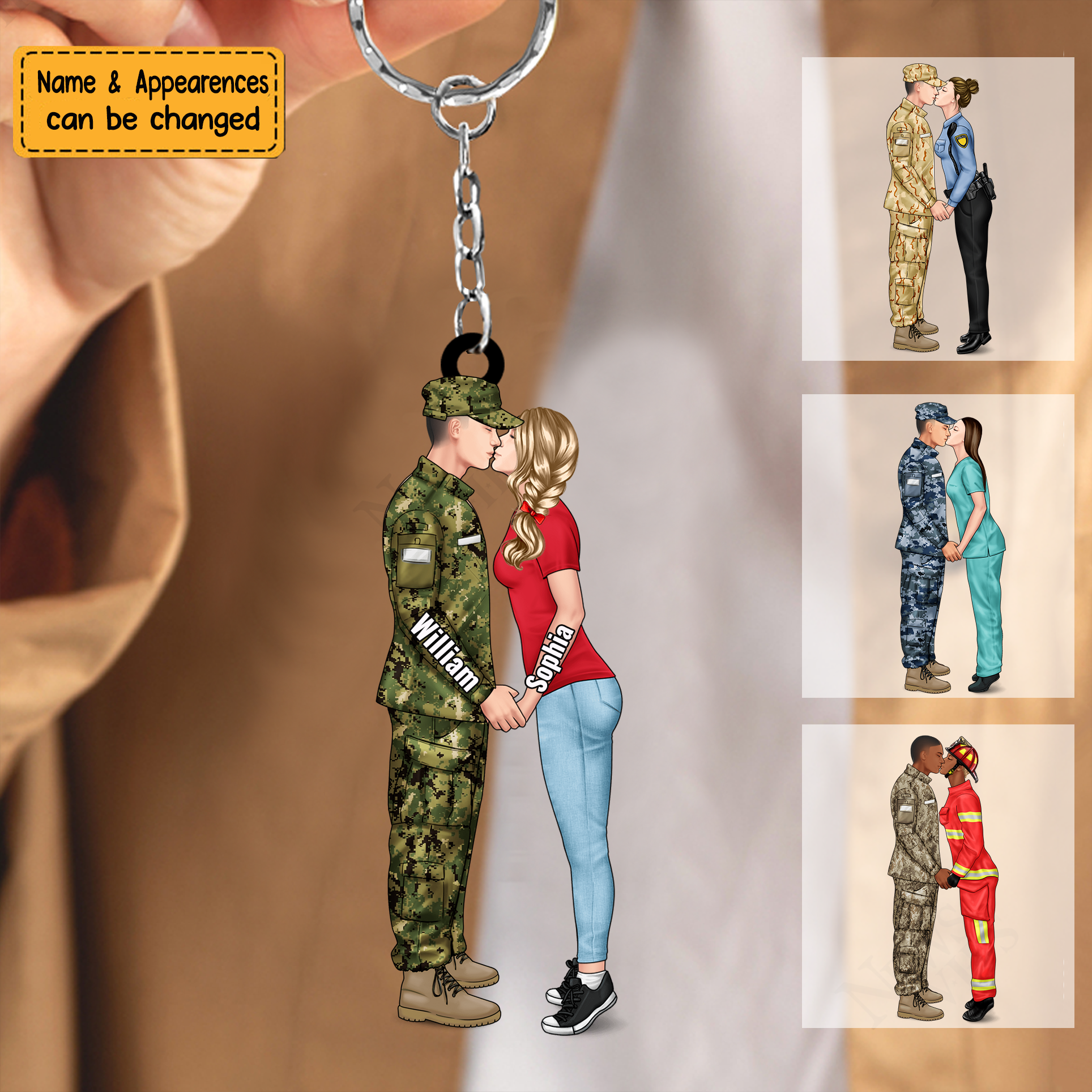 Personalized Keychain, Couple Portrait, Firefighter, EMS, Nurse