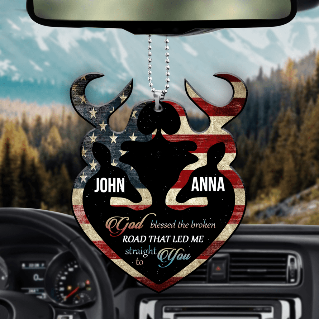 Personalized Buck And Doe Flag Heart God Blessed Ornament