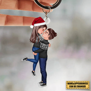 Winter Christmas Couple Kissing Hugging Personalized Keychain