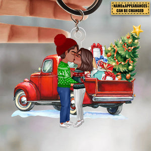 Christmas Truck Doll Couple Kissing Personalized Keychain