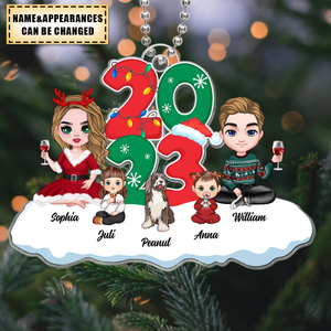 Cute Family Dad Mom Kids Dogs Sitting By 2023 Christmas Personalized Acrylic Ornament