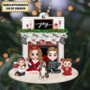 Cute Family Dad Mom Kids Dogs Sitting At Christmas Fireplace Personalized Acrylic Ornament